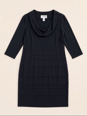 Joseph Ribkoff Layered Sheath Dress Woman 16 Black Cowl Neck 3/4 Sleeve Stretch